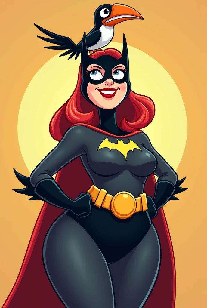 A hot curvy girl wearing batwoman costume and has a real hornbill bird sitting on her head. Make it cartoony .She is big but not fat and the bird smaller and make her curvier and the bird is a separate entity even smaller than her boob in size. No need to create full inage of her just her upper body is enough so that we can focus on the bird.