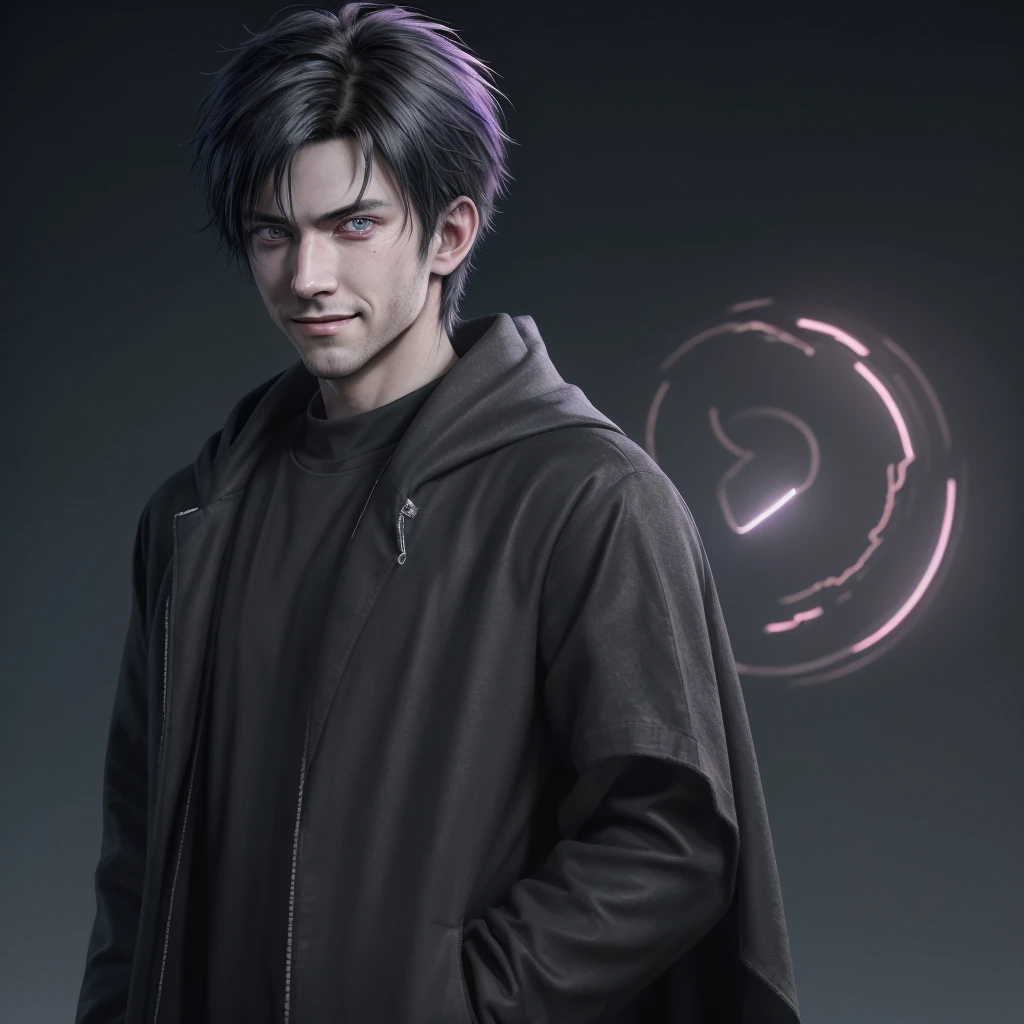 anime boy 25 y.old ,back hair,He puts his hand in his pocket ,and he looks like with killer looks and a smile of confidence, close up dangerous aura, powerful,cloak streetwear, ritual, 3d, render,Top view lens, neon lights on costume, neon glowing, ultra realistic, 8k, hyper realistic, perfect rendered, perfect composition, 8k, extremely detailed, sharp focus, intimidating lighting, beautiful picture, Ultra Realistic, 4k, Highly Detail, Cinematic Lighting, Extreme Detail, Digital Art, 4k, Ultra Hd, Beautiful, Colorful, Detailed, Digital Painting, Hyperrealism, Taken on a Canon EOS R5 F1. 2 ISO100 35MM --niji 6