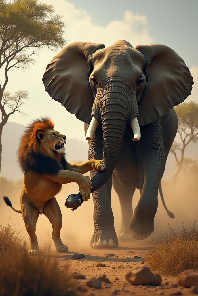 Imagine a dramatic showdown between a hungry lion and a massive elephant in the African wilderness. The lion lunges and claws at the elephant's legs, trying to bring it down, but the elephant responds with thundering roars and swift, powerful swings of its trunk. After a relentless struggle, the elephant slams its tusks and stomps its feet, finally defeating the lion. The once-mighty predator now lies lifeless in the dust, a testament to the elephant's strength. Focus on the action-packed moments, the strategy each animal uses, and the overwhelming power of the elephant that leads to the lion’s demise."