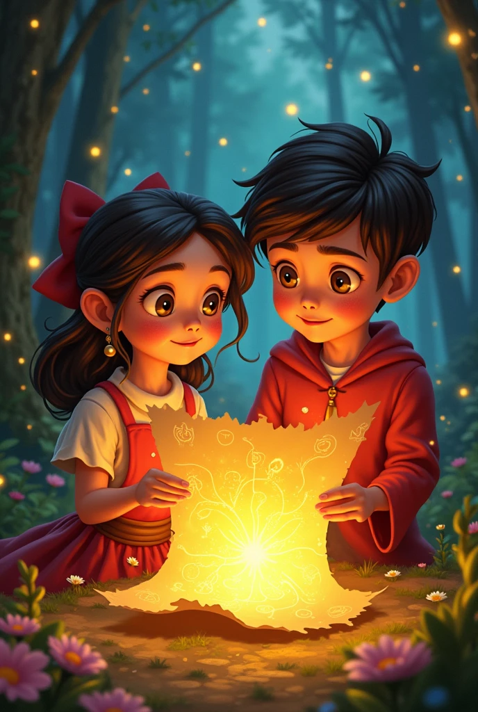 illustration , The Fairy Melody giving a magical map to Maria and Lucas. The map glows with golden lights and shows the way to the magical ingredients. The two friends look at the map with determination. Disney pixar