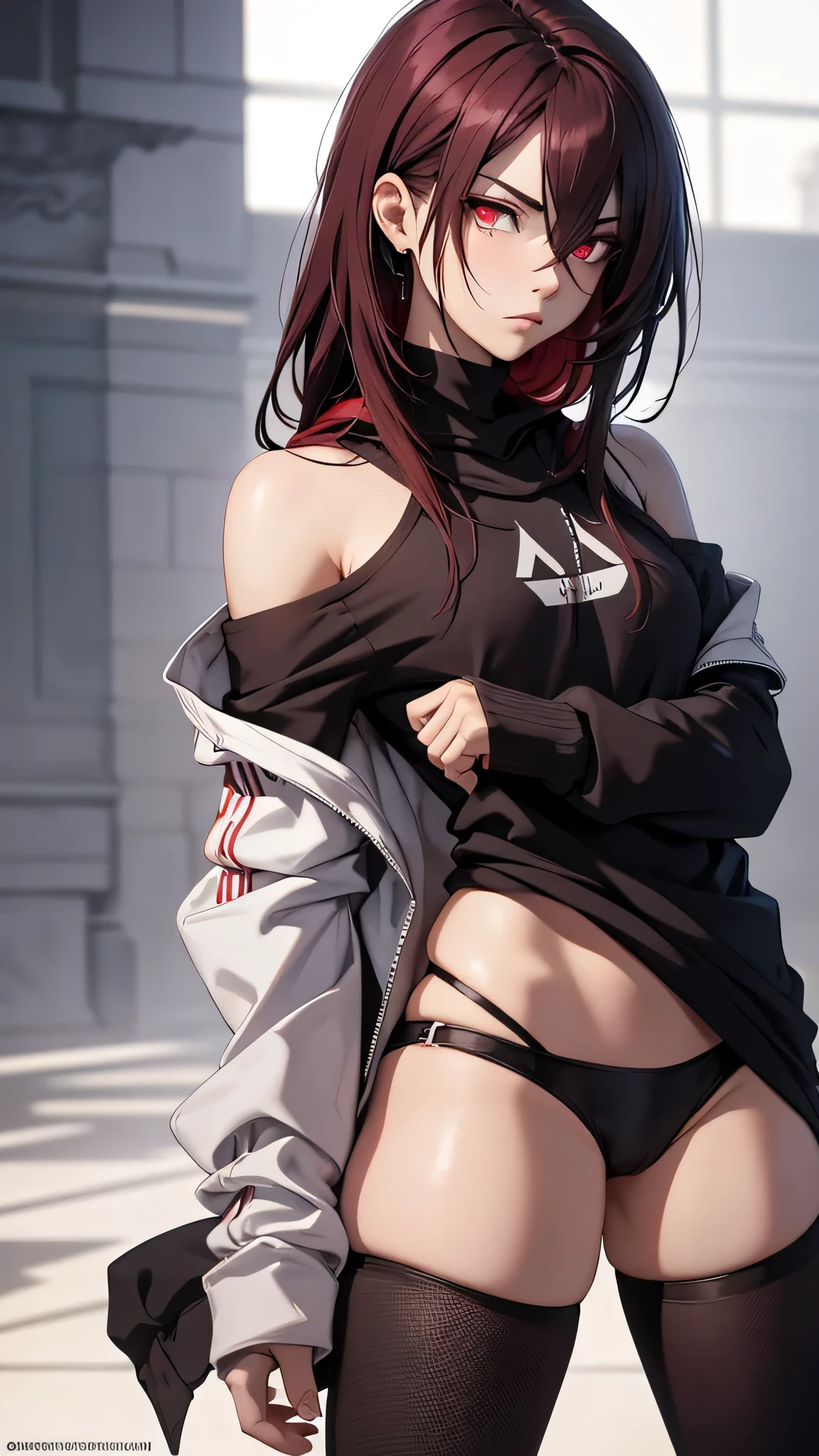 8k resolution,((Highest quality)),Ultra-high resolution,Young Man, alone, Androgynous, (sad look), (dark red eyes), Beautiful and symmetrical face, (Red messy medium length shoulder length hair),Decadent hoodie,Realistic:1.4,Realistic:1.4,(masterpiece:1.2),Perfect Eyes,Perfect Eyes,Perfect Legs,Decadent socks,Decadent shorts,Perfect thighs