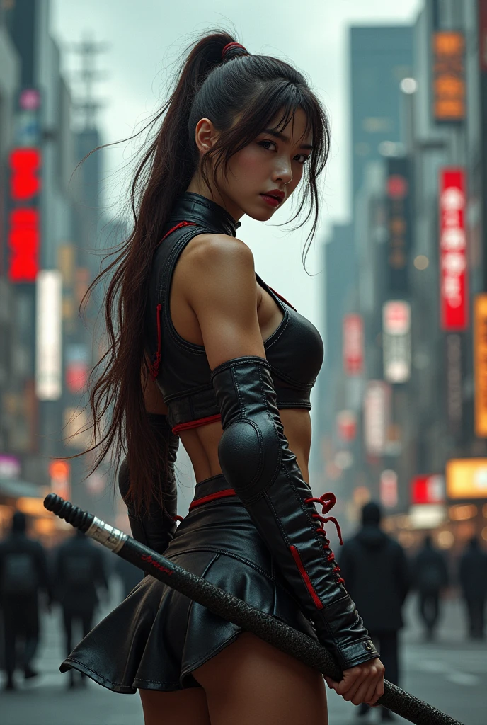 Best quality, masterpiece, ultra high res, (photorealistic:1.4), raw photo, Japanese girl, cinematic lightning, long brown hair, holding a bo staff, elbow pads, black and red leather shirt, sleeveless, leather short skirt, boots, tokyo downtown, shibuya crossing, dark clouds, body shot, shoot from behind, looking to the side