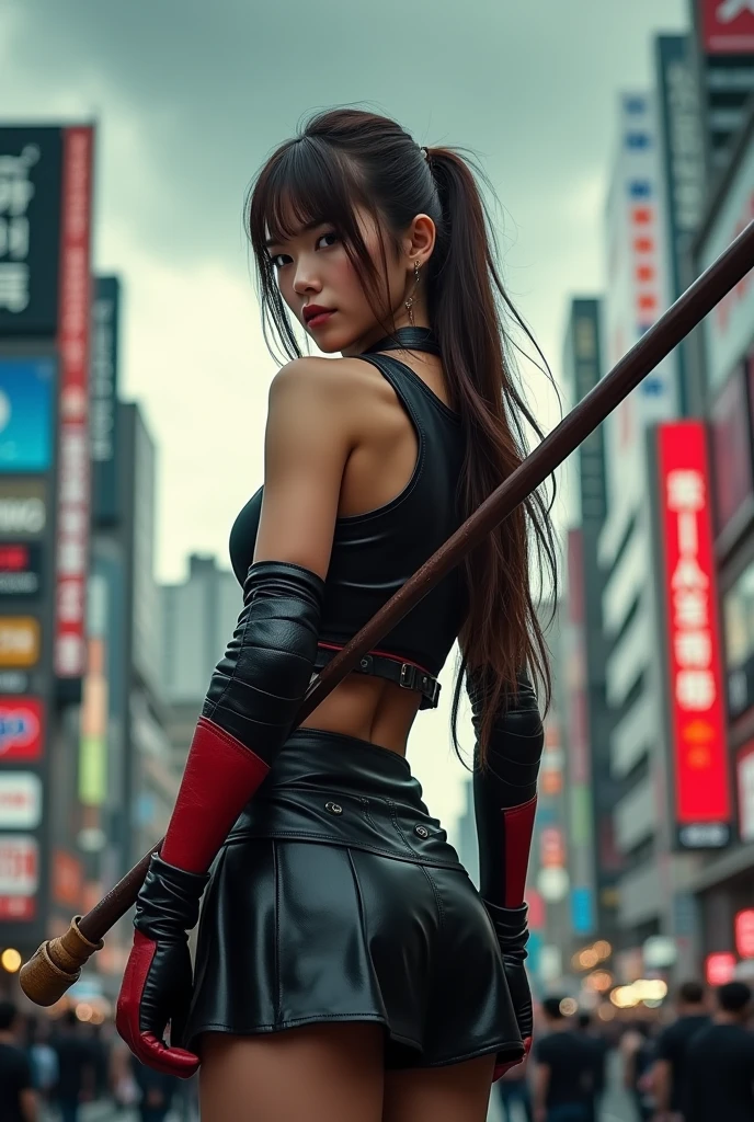 Best quality, masterpiece, ultra high res, (photorealistic:1.4), raw photo, Japanese girl, cinematic lightning, long brown hair, holding a bo staff, elbow pads, black and red leather shirt, sleeveless, leather short skirt, boots, tokyo downtown, shibuya crossing, dark clouds, body shot, shoot from behind, looking to the side