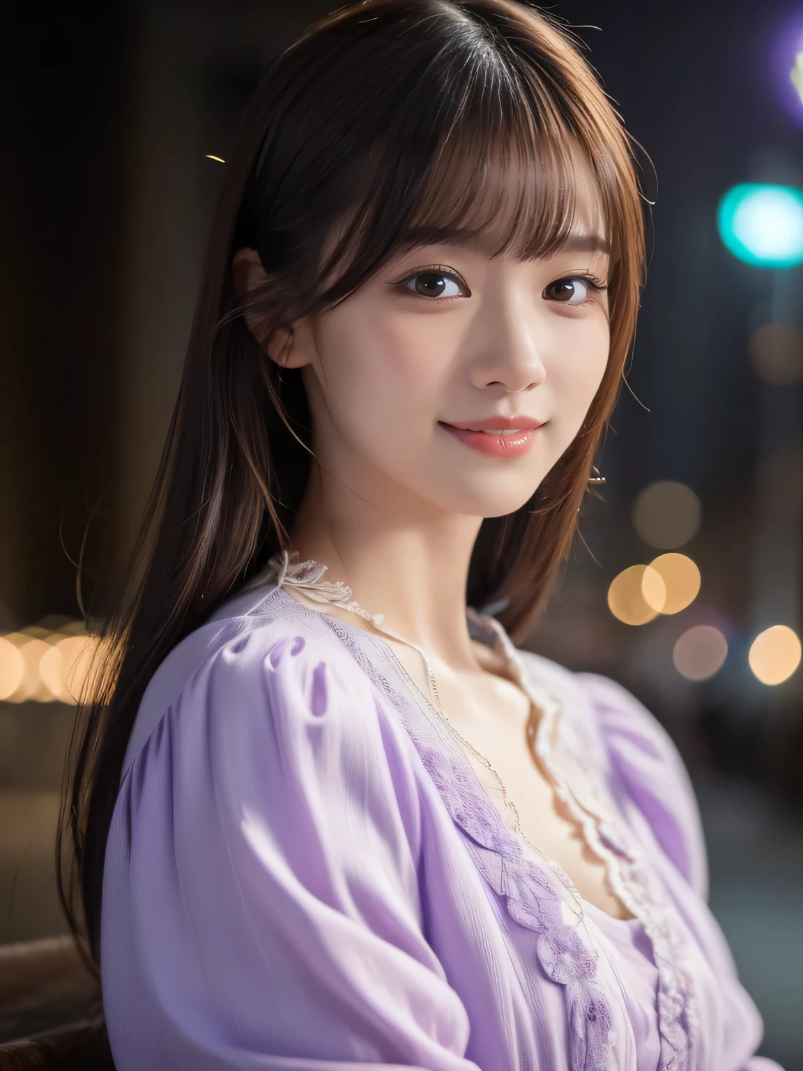 1 girl,(Wearing a lilac blouse:1.2),(Raw photo, highest quality), (realistic, Photoreal:1.4), table top, Very delicate and beautiful, very detailed, 2k wallpaper, wonderful, In detail, Very detailed CG Unity 8K wallpaper, very detailed, High resolution, soft light, Beautiful detailed girl, very detailed目と顔, beautifully detailed nose, detailed and beautiful eyes,Cinematic lighting,night city lights,perfect anatomy,Slender body,smile