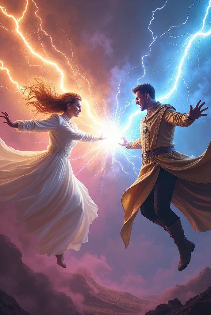 A lady and a man shooting thunder out of their hands and trying to kill and shock each other from 12 meters away fro. Each other and the lady will be shooting blue thunder and the man will be shooting golden thunder
With straight arm facing each other and both of them are protecting themselves the lady will be wearing a white dress and the man will be wearing a ancient golden clothing the man will be having hort hair like flicks and both of them are british so they are white and remember they are trying to kill each other and their is purple and pink mist in the sky they both are levitating and floating in the air and trying to kill each other and repeling each other and they are manipulated they are having a highly angry expression on the face