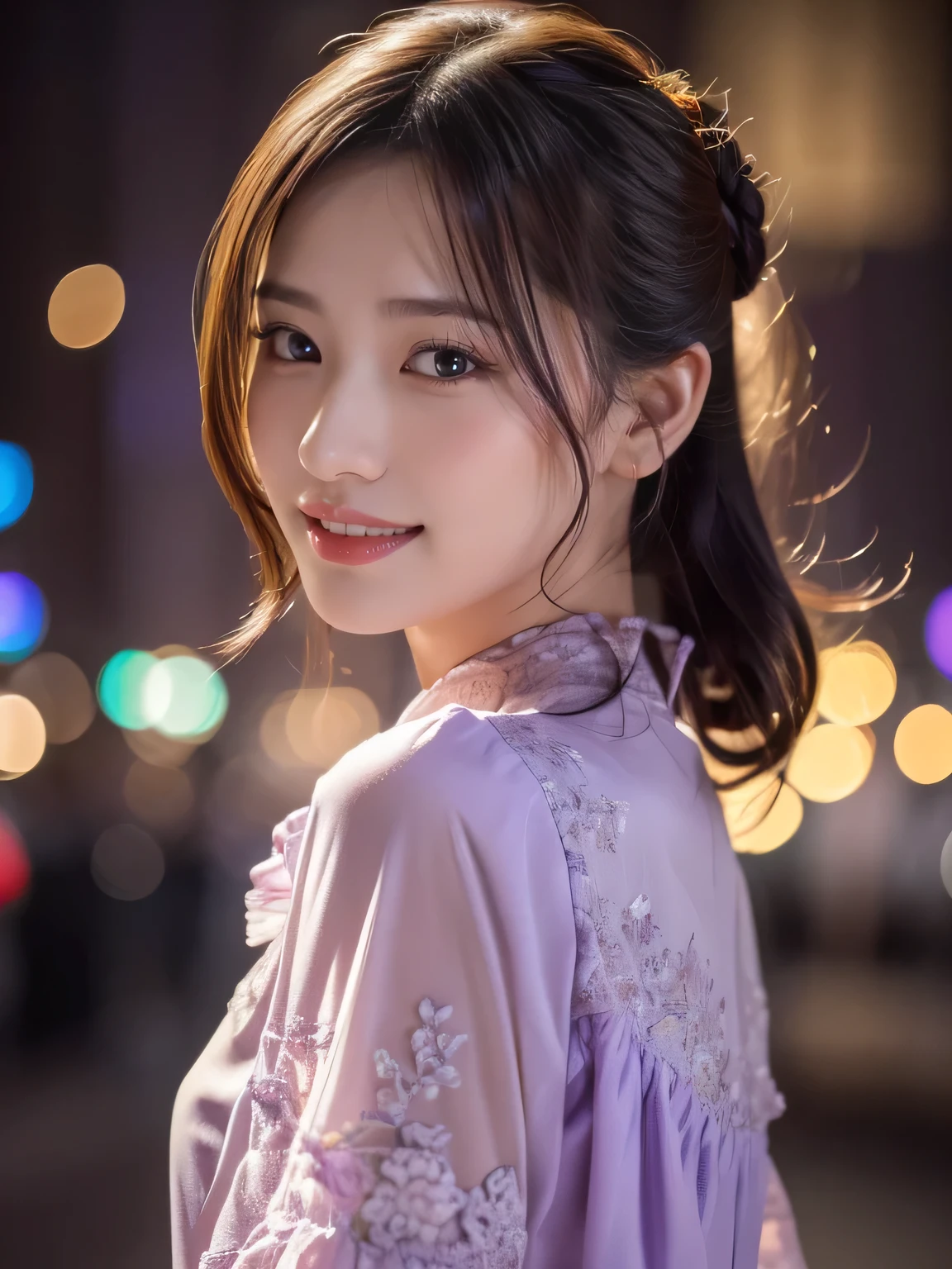 1 girl,(Wearing a lilac blouse:1.2),(Raw photo, highest quality), (realistic, Photoreal:1.4), table top, Very delicate and beautiful, very detailed, 2k wallpaper, wonderful, In detail, Very detailed CG Unity 8K wallpaper, very detailed, High resolution, soft light, Beautiful detailed girl, very detailed目と顔, beautifully detailed nose, detailed and beautiful eyes,Cinematic lighting,night city lights,perfect anatomy,Slender body,smile