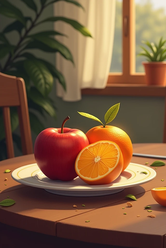 draw picture apple and orange on the dish. they are in the room.