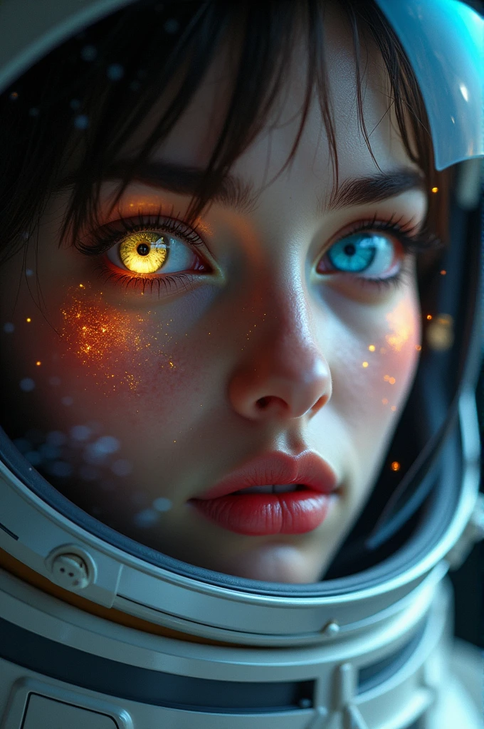 (Close-up of a better masterpiece:1.5)0.9], (Space and astronauts:(Heterochromia xanthochromia and blue eyes:1.2) (Space Helmet:1.0) (Colored stars in the eyes:1.0) (A radiant glow:1.1) (thick lips:0.9)
