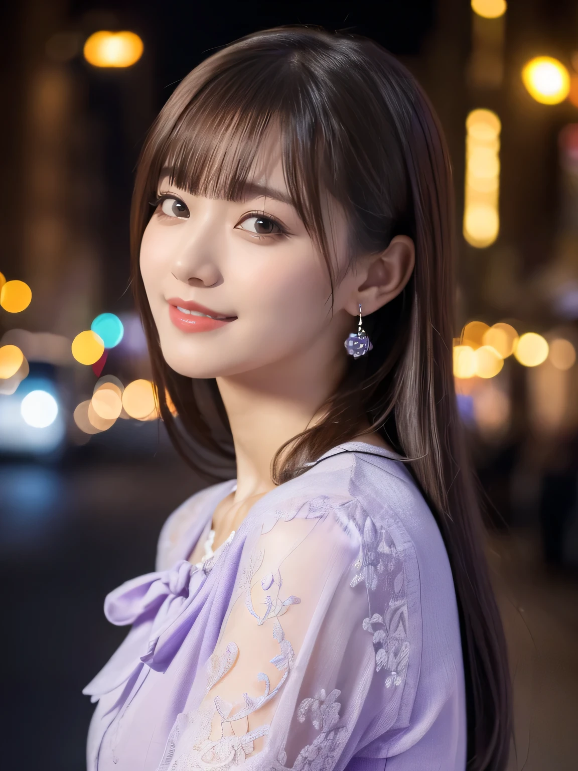 1 girl,(Wearing a lilac blouse:1.2),(Raw photo, highest quality), (realistic, Photoreal:1.4), table top, Very delicate and beautiful, very detailed, 2k wallpaper, wonderful, In detail, Very detailed CG Unity 8K wallpaper, very detailed, High resolution, soft light, Beautiful detailed girl, very detailed目と顔, beautifully detailed nose, detailed and beautiful eyes,Cinematic lighting,night city lights,perfect ???????,Slender body,smile