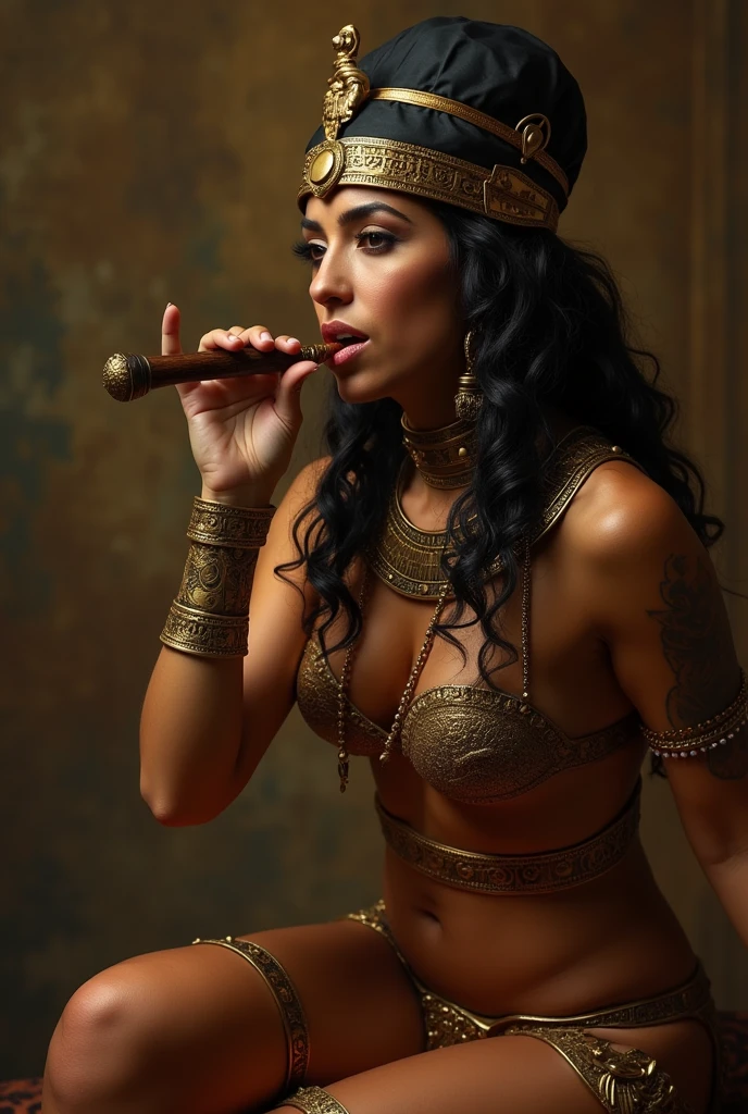 Cleopatra masturbating with a dildo and Anubis&#39; penis in her mouth
