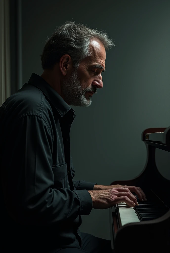 Man playing piano, and tasting sad