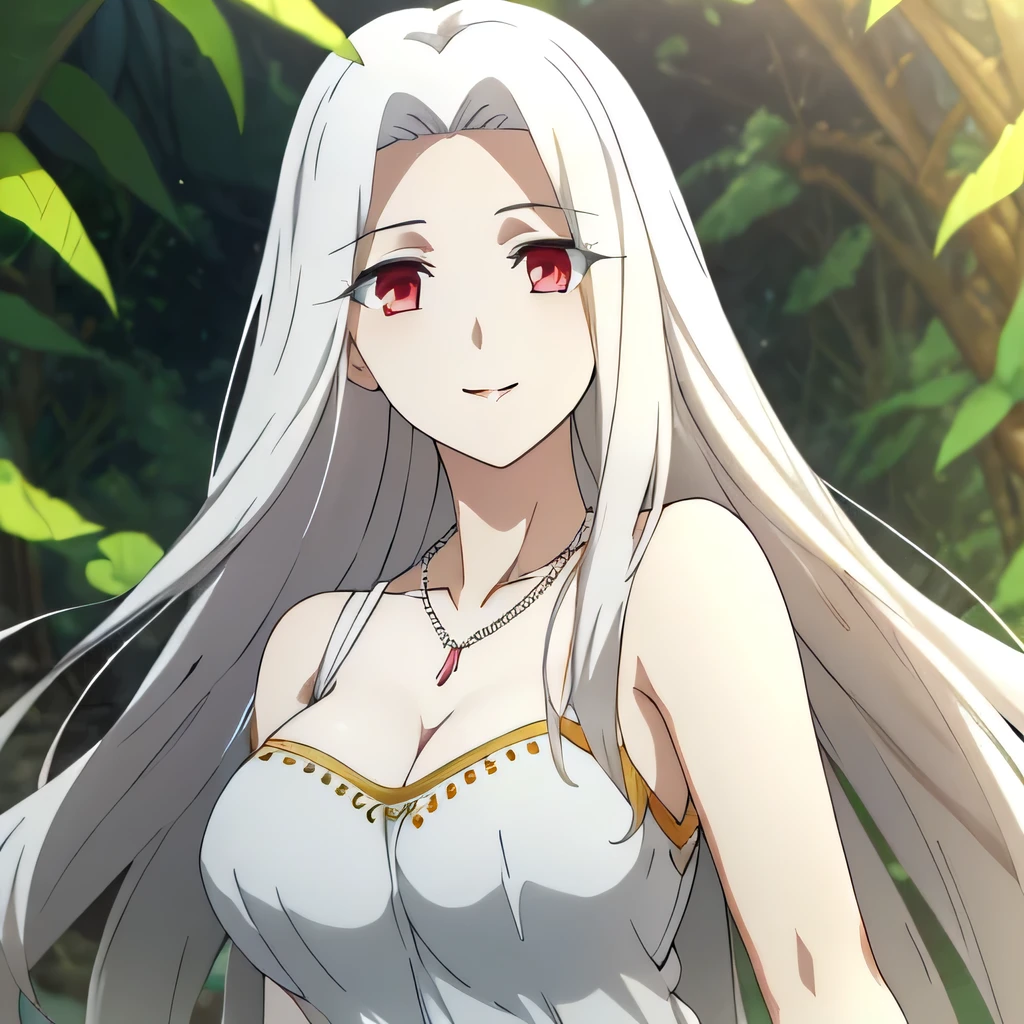 Irisviel,Greek silky dress sleeveless,solo,looking at viewer,beautiful smile,arm at side,middle size of breast,beautiful necklace,tall breasts,flowers in air,in beautiful jungle,irisviel,mikasa black hair wearing knight suit,kiss irisviel hand