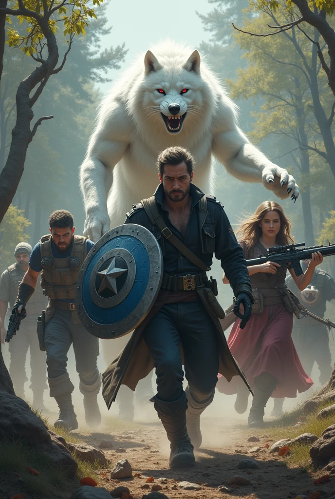 Design a world where humans and fantastic beings coexist, then a university environment, but is attacked by soldiers of men in black suits and led by a black werewolf with red eyes The albino werewolf, A man with a blue and silver circular shield and two firearms (handgun), a man with a bow and arrow, A woman with two pistol-type weapons, A man armed with a machine gun, are fighting this pack of red-eyed black werewolves 



