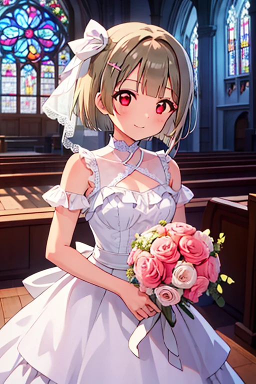 One Girl, Cowboy Shot, High resolution, smile, Highest quality, masterpiece, Tan Hair,Bobcut,short hair,ワンレングスBobcut,Asymmetrical hair,Long left bangs,Red Eye,Stained glass,church,nakasu kasumi,Wedding dress,bouquet