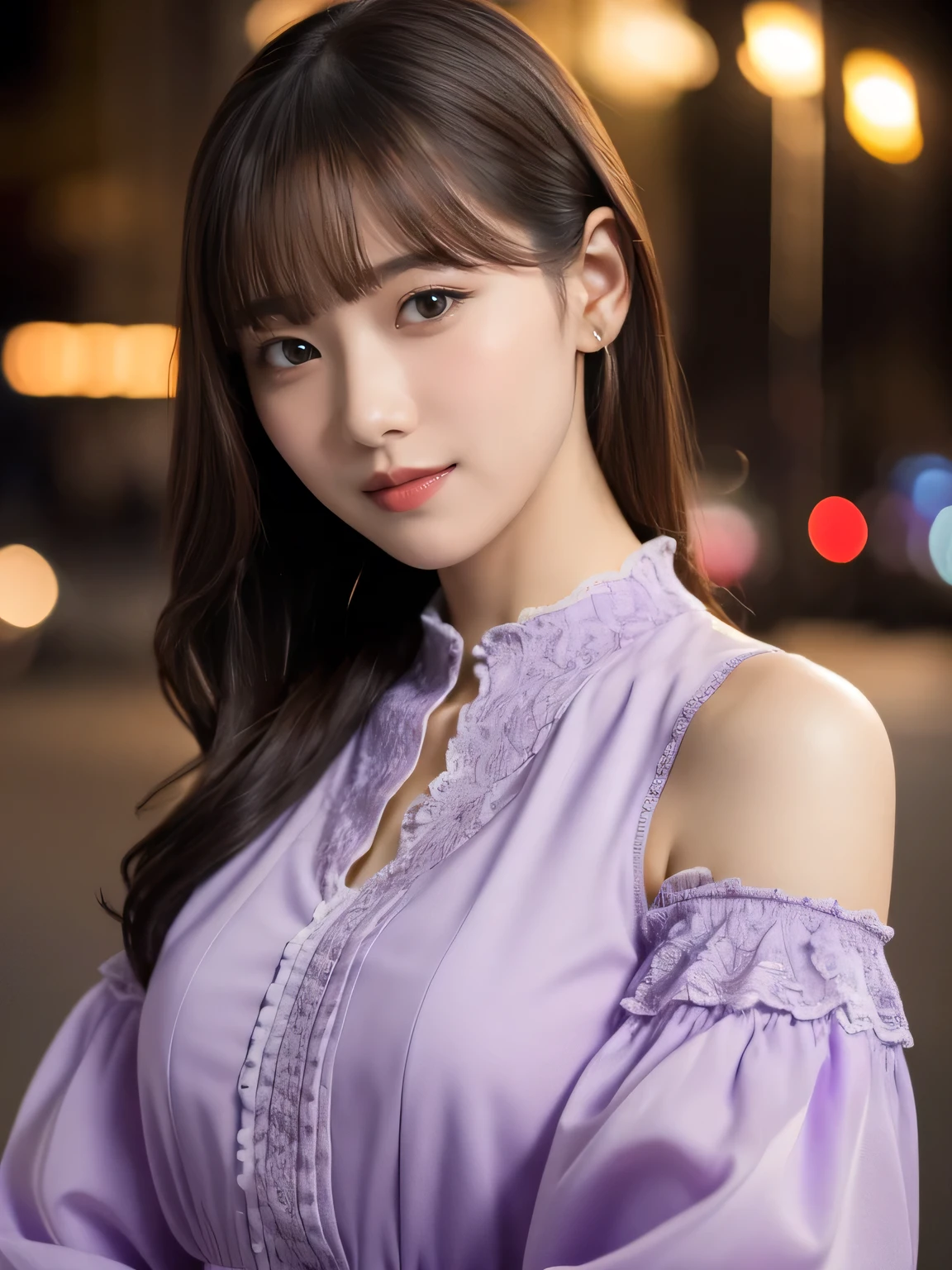 1 girl,(Wearing a lilac blouse:1.2),(Raw photo, highest quality), (realistic, Photoreal:1.4), table top, Very delicate and beautiful, very detailed, 2k wallpaper, wonderful, In detail, Very detailed CG Unity 8K wallpaper, very detailed, High resolution, soft light, Beautiful detailed girl, very detailed目と顔, beautifully detailed nose, detailed and beautiful eyes,Cinematic lighting,night city lights,perfect anatomy,Slender body,smile, random body orientation,