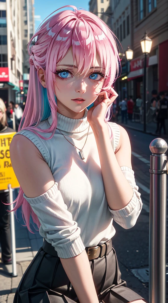 1girl, Shikimori, sweater, turtleneck sweater, sleeveless, necklace, skirt, pleated skirt, black skirt, black belt, long hair, pink hair, looking at viewer, highly detailed background, (photo realistic:1.2), detailed eyes, red eyeshadow, depth of field, symmetry eyes, (ulzzang-6500:0.7), upper body, (solo:1.2), (cyberpunk city:1.1), ((hands on left cheek)), ((young female)), perfect face, beautiful face, colorful, beautiful blue eyes, sexy shy expressions, sitting, good hand,4k, high-res, masterpiece, best quality, head:1.3,((Hasselblad photography)), finely detailed skin, sharp focus, (cinematic lighting), night, soft lighting, dynamic angle, [:(detailed face:1.2):0.2],(((city background))),
