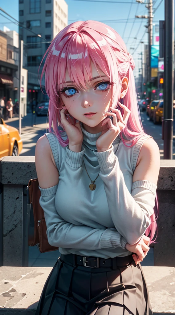 1girl, Shikimori, sweater, turtleneck sweater, sleeveless, necklace, skirt, pleated skirt, black skirt, black belt, long hair, pink hair, looking at viewer, highly detailed background, (photo realistic:1.2), detailed eyes, red eyeshadow, depth of field, symmetry eyes, (ulzzang-6500:0.7), upper body, (solo:1.2), (cyberpunk city:1.1), ((hands on left cheek)), ((young female)), perfect face, beautiful face, colorful, beautiful blue eyes, sexy shy expressions, sitting, good hand,4k, high-res, masterpiece, best quality, head:1.3,((Hasselblad photography)), finely detailed skin, sharp focus, (cinematic lighting), night, soft lighting, dynamic angle, [:(detailed face:1.2):0.2],(((city background))),