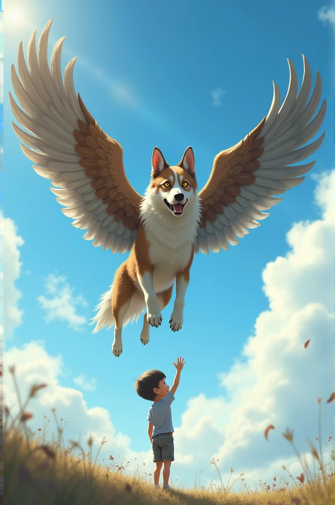 A dog with eagles wing and flight at sky and a boy thought a rock