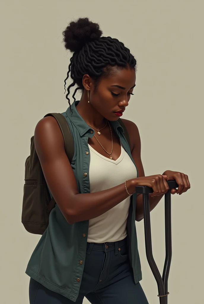An illustration of a black woman holding a crutch on 4he4left hand with braids tied back looking down and talking