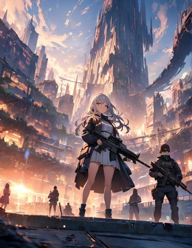 (anime)、(masterpiece:1.2),Atmospheric perspective,Lens flare、Ultra-wide background focused on the girl、Future City、girl standing on the roof、cute、Another World M4 Carbine,Possession of a gun