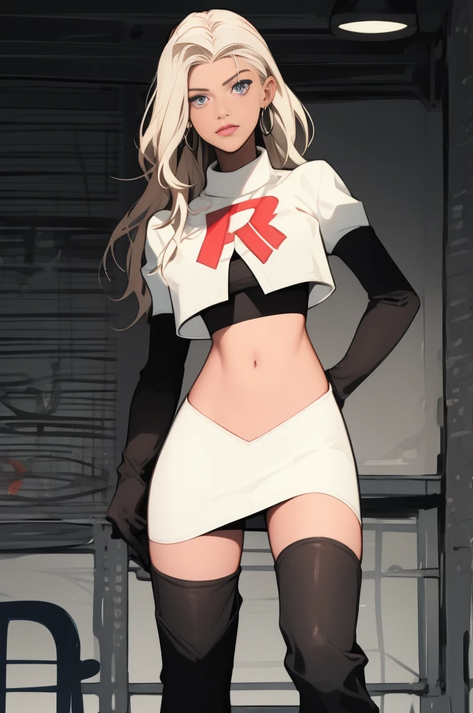 the face of lorengray, team rocket,team rocket uniform, red letter R, white leather skirt,white leather crop top,black thigh-highs,black elbow gloves,