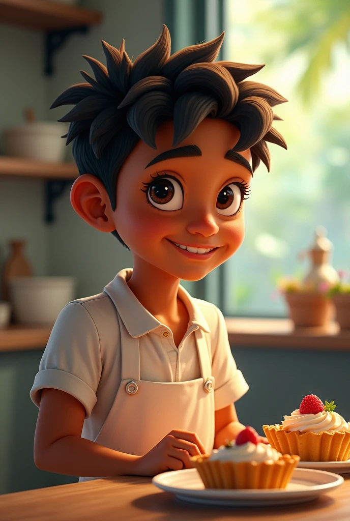 Create an image of my life froma small indo Fijian boy to a young pastry chef
