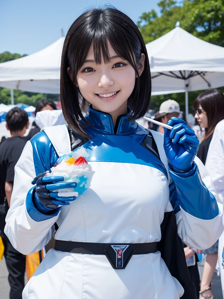 Japanese female android,Black Hair,White and blue robot suit,Plump,Eating cotton candy at a festival,smile