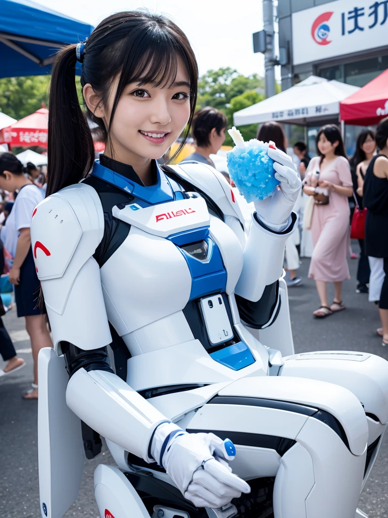Japanese female android,Black Hair,White and blue robot suit,Plump,Eating shaved ice at a festival,smile