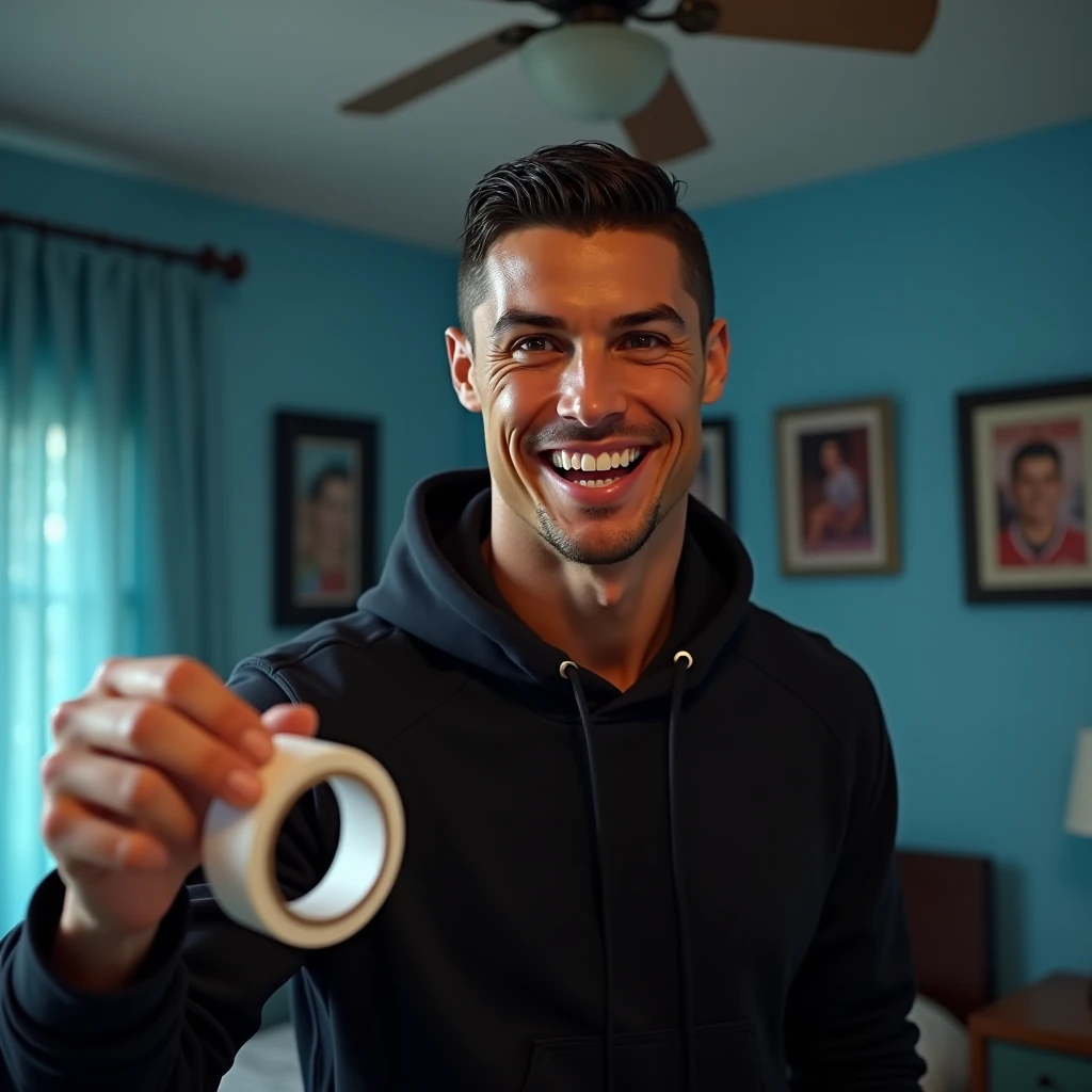 The image shows Cristiano Ronaldo in a black hoodie with a big smile on his face. He is holding a roll of white tape in his right hand and is looking directly at the camera. The background shows a bedroom with blue walls and a ceiling fan. There are also some framed pictures hanging on the wall. The man appears to be happy and excited about the tape.High Resolution, 