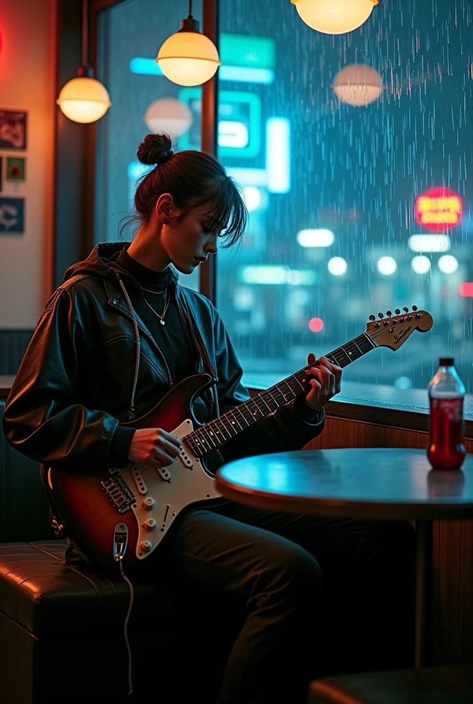guitarist plays guitar in cyberpunk cafeteria, it rainy behind window, it night behind window, dark ambient, photorealism