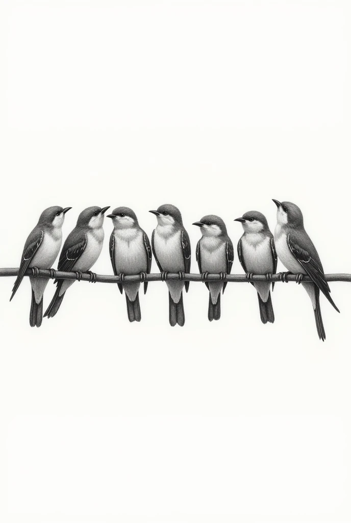 7 different little birds sitting on a branch, pencil drawing black and white