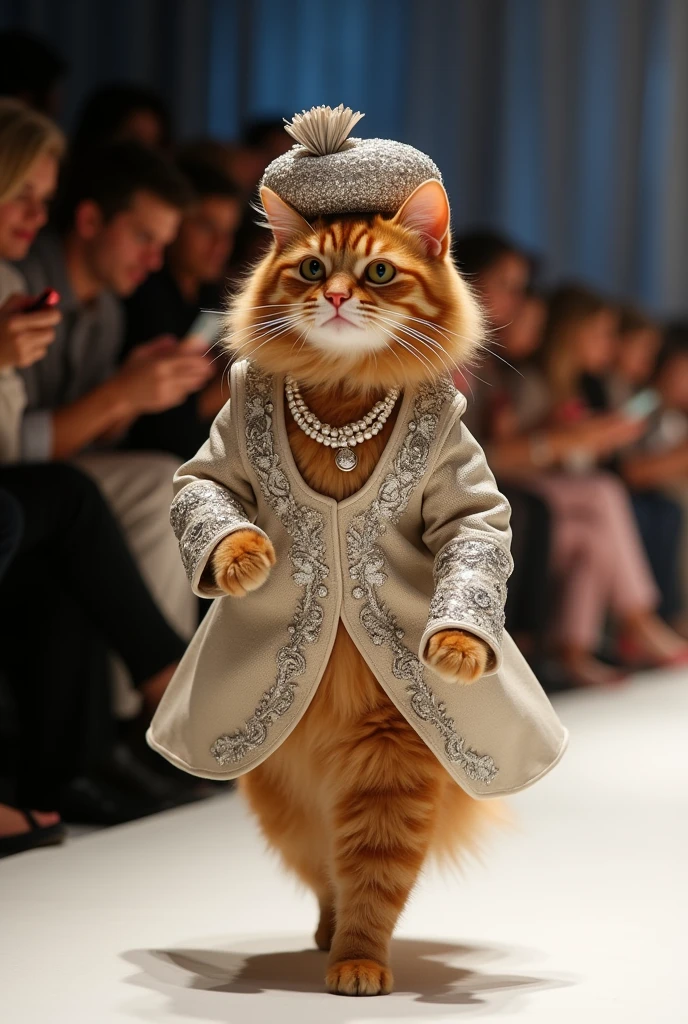 A fluffy brown tabby cat glides down a runway on two legs, wearing a stunning Pakistani groom's sherwani with heavy silver embroidery. He wears a matching turban and a pearl necklace. The crowd is enchanted, snapping photos of this glamorous groom."