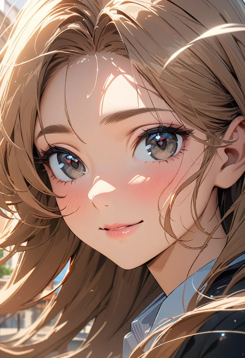 ((masterpiece)), ((best quality)), (ultra-detailed), ((extremely detailed)), 4K, (8K), best quality, (beautiful), anime style, close-up of face, detailed face, focus on the face, in the classroom, city, town, summer, a pretty woman, solo, school uniform, beautiful light brown hair, beautiful black eyes, ((beautiful eyes)), long hair, lip, ribon, light smile, wind effect, heart effect