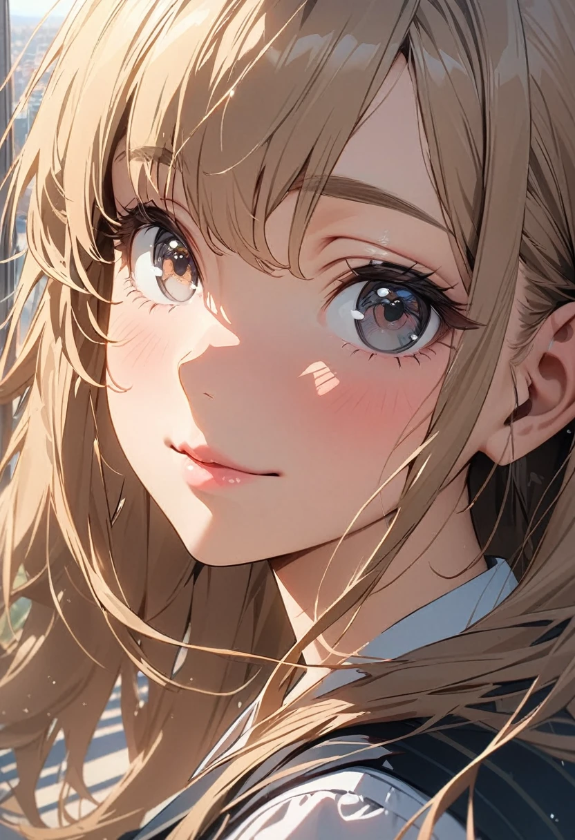 ((masterpiece)), ((best quality)), (ultra-detailed), ((extremely detailed)), 4K, (8K), best quality, (beautiful), anime style, close-up of face, detailed face, focus on the face, in the classroom, city, town, summer, a pretty woman, solo, school uniform, beautiful light brown hair, beautiful black eyes, ((beautiful eyes)), long hair, lip, ribon, light smile, wind effect, heart effect