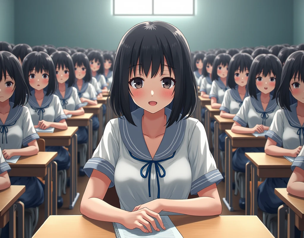 (Japanese Clone-girls=Myself), (Super Best masterpiece Clone-girls Raw Photography Art), (16K, Highest quality, Ultra-high resolution, RAW Photos), (It&#39;s so unrealistic., With unparalleled depiction, With an unfathomable sight, An unprecedented and shocking worldview, Clone-girls: In a world of mass reproduction, Ultra-realistic depiction), (Japanese girls, shinozaki-ai, 17yo), (Small face, Black Hair, Medium Hair, Dark Eyes, Mature face, Cute Smile), (Laughing expression), (Very beautiful and detailed girl, Accurate body structure, Accurate body movements, Very detailed body), (Super big breasts, Large bulge of ample breasts), (High School Girl School Uniform, Emphasise the fullness of your breasts), (Very detailed, Myself cloning, Depiction of splitting oneself, 1Myself girl→1,000,000,000,000,000,000,000,000,000,000Myself cloning girls), (Myself clone girlsは, With the same perfect appearance, to multiply in large numbers), (Very detailed depiction, Myself&#39;s multiplying female body, In the same female body,With the same face, With the same hairstyle, In the same clothes, At the same height, 同じSuper big breastsで, A completely indistinguishable female body, 1,000,000,000,000,000,000,000,000,000,000 people), (Myself girls only), (1,000,000,000,000,000,000,000,000,000,000Myself girls), lecture hall, Lecture, Chat, Enjoyable lessons, sit, Ultra-wide field of view, Focus on the average value of the image, Bright and easy on the eyes lighting