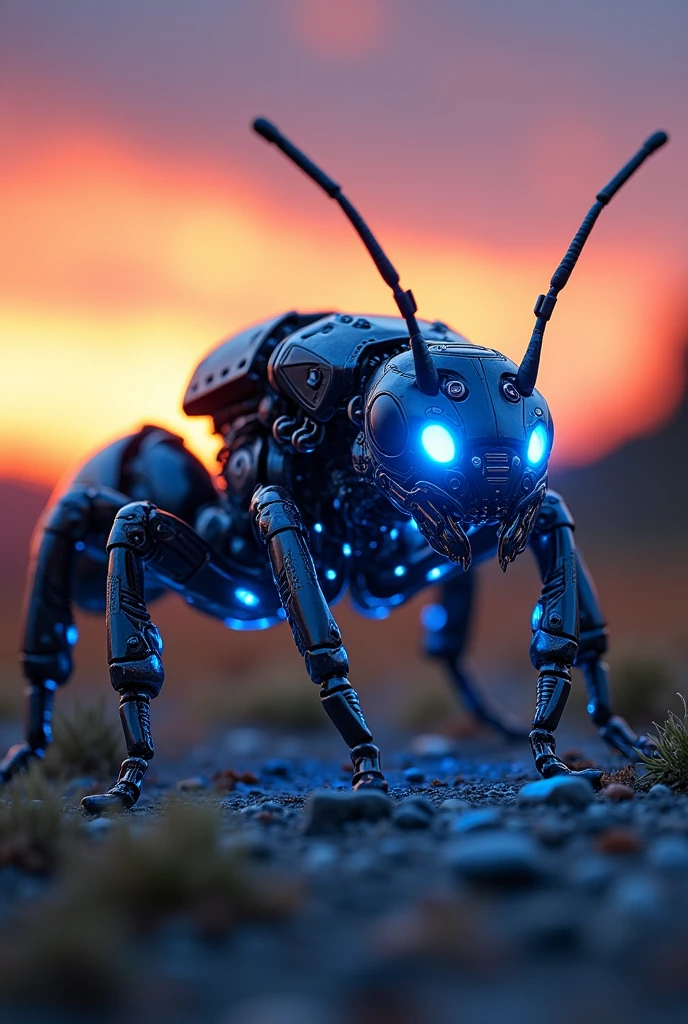 Fire ant in transformers costume blue neon lights between sunset 