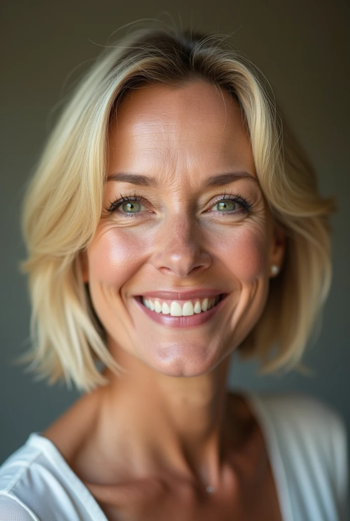 A captivating Caucasian woman with a radiant complexion and natural smile, 40 years old, blonde, her cropped hair frames her heart-shaped face as she looks directly at the camera, symmetrical eyes sparkling with warmth. Soft ambient lighting accentuates her flawless skin texture, reminiscent of Sandra Bullock's porcelain doll features. Subtly visible navel, adding to her elegant milf charm. Framed in 8K on a DSLR, high-quality lighting and subtle film grain evoke award-winning photography, highlighting the Fujifilm XT3&#39;s exceptional imaging capabilities.  2048x2048 pixels