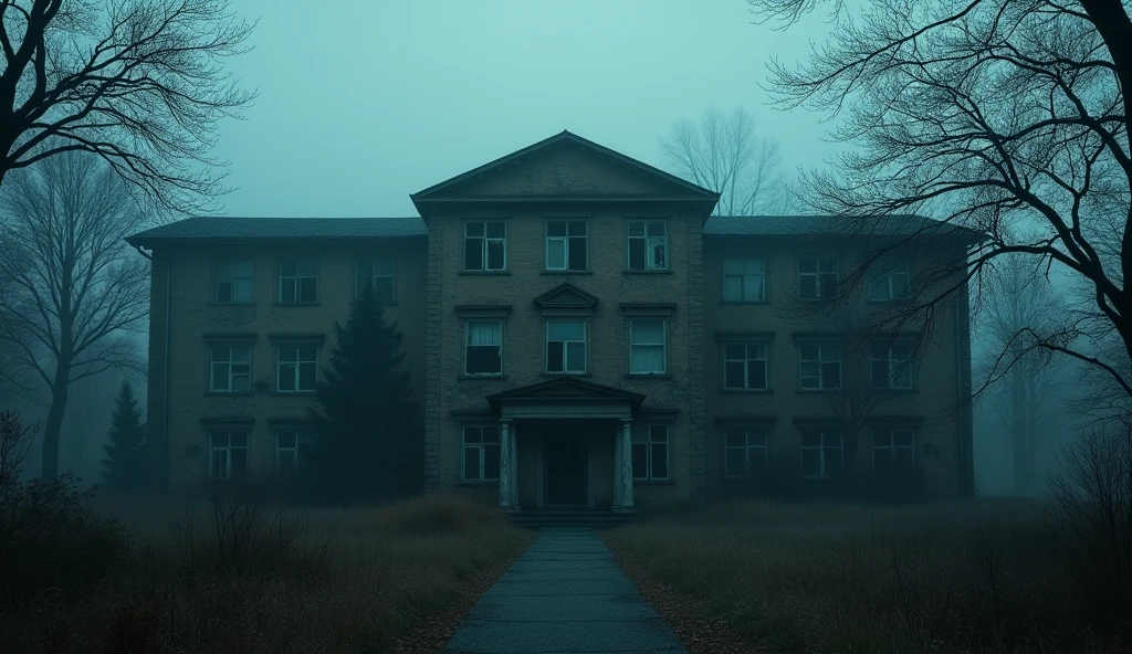 decrepit, old dormitory shrouded in darkness and mist. The building appears ominous and abandoned, with broken windows and an overgrown exterior. The scene is lit by a dim, eerie moonlight that casts long shadows and emphasizes the building’s eerie atmosphere. cover photo, front view