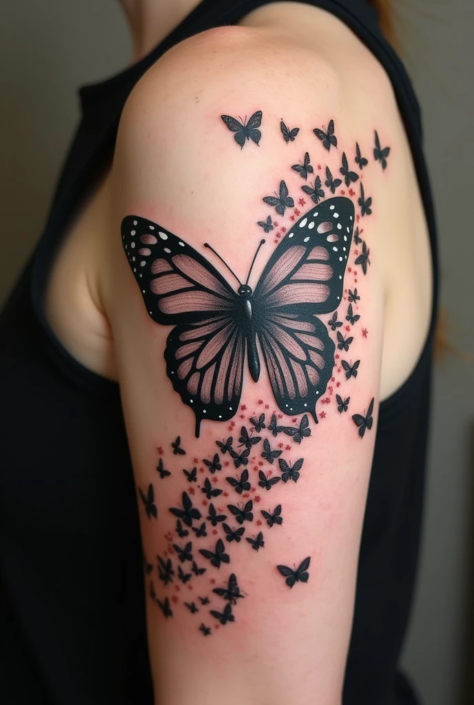 Tattoo of a butterfly, half complete, and the other half, hundreds of little butterfly flying away