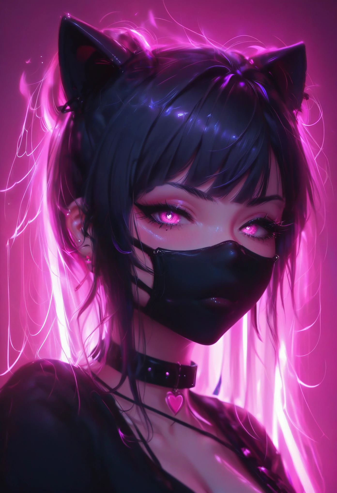 Free Fire female character gamer cat's chest fantasy maniac mask violet hair with a purple eye band with a black background