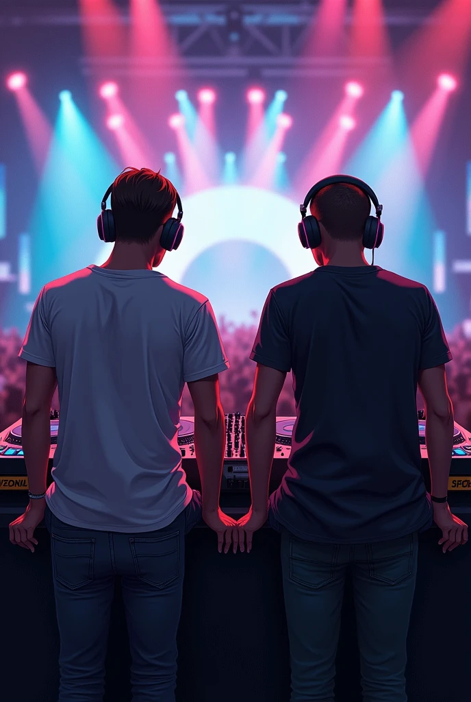 Two male DJ friends sitting at a concert looking at the other side and full body