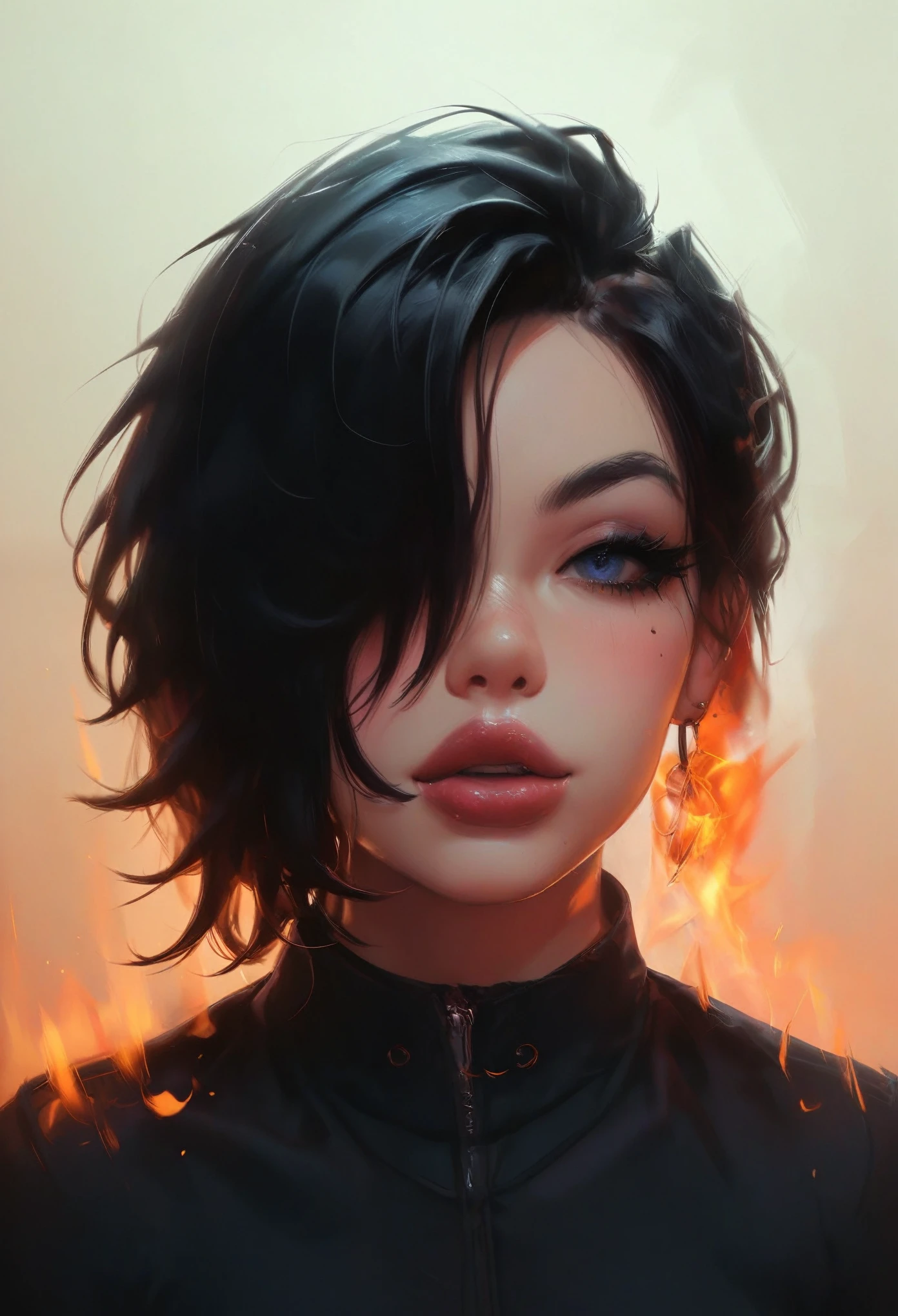 A character with an imposing and energetic appearance, wrapped in intense flames of vibrant colors ranging from orange to purple, creating a feeling of overwhelming power. His hair is white and messy, contrasting with a black mask covering his eyes, giving it an enigmatic and dangerous air. The character wears a dark tunic tied with a ribbon., while his body seems to emanate a fiery energy that distorts into chaotic patterns around him. The lines of fire and energy blend with your figure, highlighting his control over immense forces. The art style is colorful and dynamic, with thick strokes and fluid movements that convey a sense of action and supernatural power