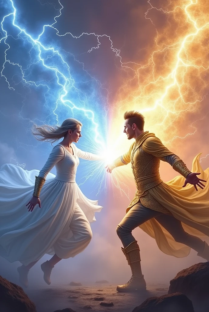A lady and a man shooting thunder out of their hands and trying to kill and shock each other from 12 meters away fro. Each other and the lady will be shooting blue thunder and the man will be shooting golden thunder
With straight arm facing each other and both of them are protecting themselves the lady will be wearing a white dress and the man will be wearing a ancient golden clothing the man will be having hort hair like flicks and both of them are british so they are white and remember they are trying to kill each other and their is purple and pink mist in the sky they both are levitating and floating in the air and trying to kill each other and repeling each other and they are manipulated they are having a highly angry expression on the face (8k realistic book cover
