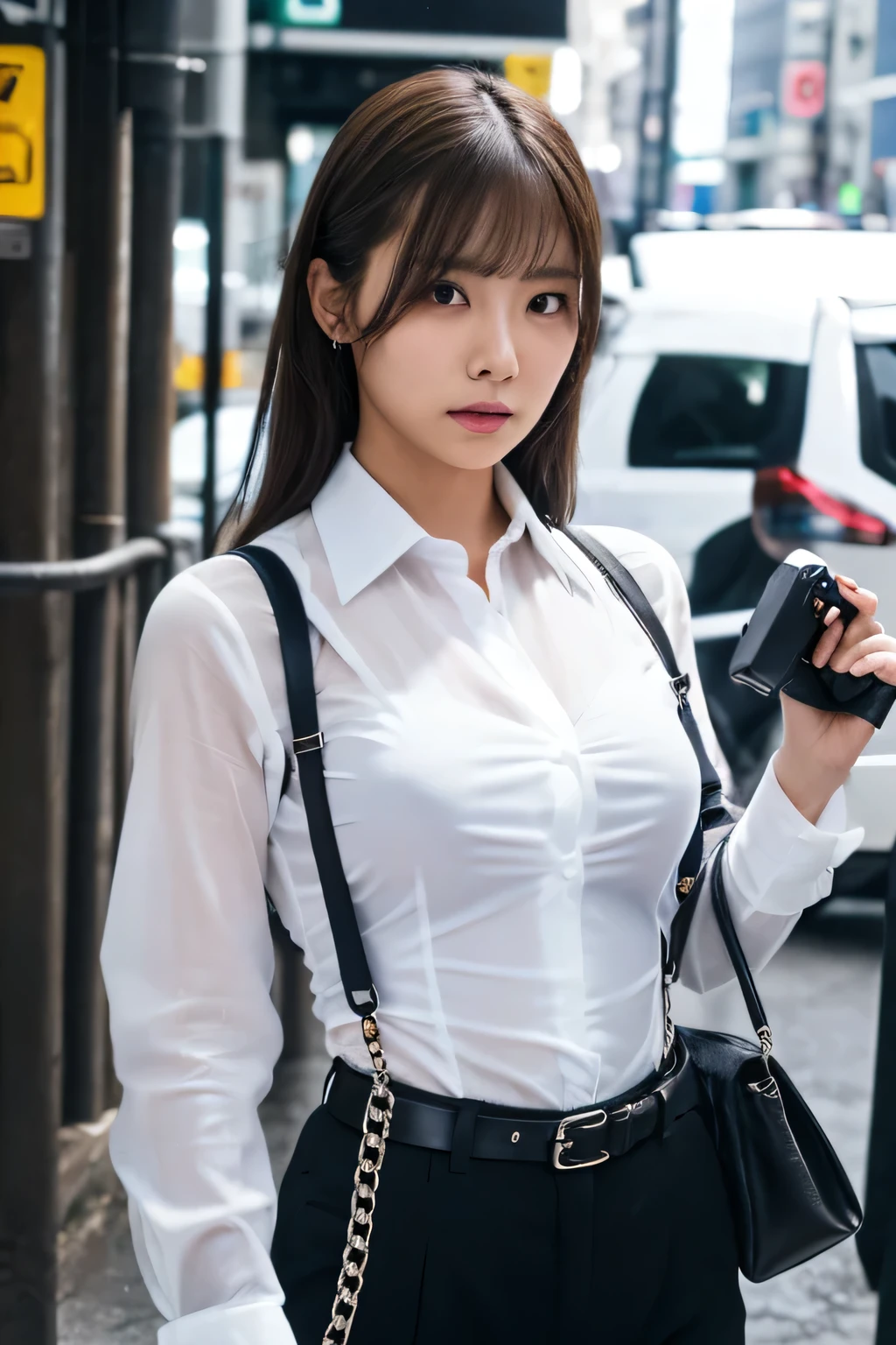 a woman in a suit, belt, hands behind back, sweating, suspenders, black pants, sexly, large breasts, see-through clothing, rain, detective, office worker, white button-up shirt, (best quality,4K,8k,highres,masterpiece:1.2),ultra-detailed,(realistic,photorealistic,photo-realistic:1.37),hyper-detailed,highly detailed face and body, Slender　thin　suspenders　Moderate breasts　See-through shirt　Nipples　holster　chain　Pistol　Armament　criminal　Female criminal　knife　　profile　Japanese women　arrested handcuff　belt
