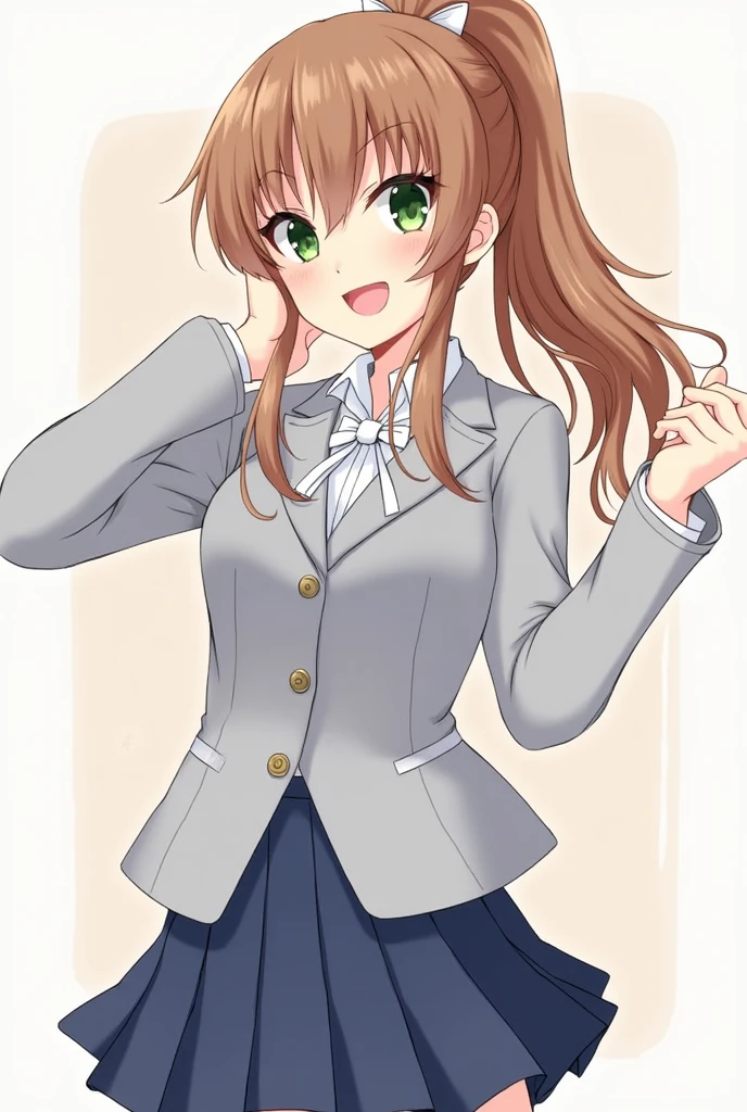 Monika, bangs, very long hair, smile, long hair, neck ribbon, looking at viewer, ponytail, shirt, school uniform, hair bow, white bow, pleated skirt, brown hair, grey jacket, sidelocks, solo, blush, blue skirt, skirt, 1girl, breasts, blazer, green eyes, eating poop focus, putting poop in the mouth,