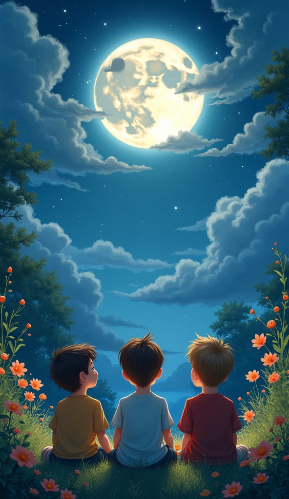 A three young boy and sits serenely in a lush, moonlit garden. The garden is illuminated by the gentle glow of the full moon, which casts soft, silvery light on the flowers and leaves. The sky is a canvas of twinkling stars, partially veiled by wispy, ethereal clouds. The boy gazes upward, lost in contemplation, as the tranquil scene unfolds around him.