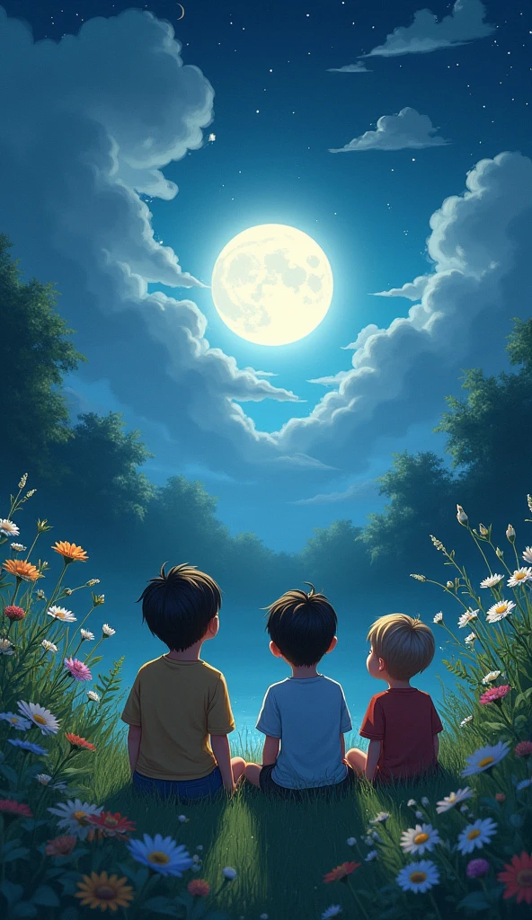 A boy and sits serenely in a lush, moonlit garden. The garden is illuminated by the gentle glow of the full moon, which casts soft, silvery light on the flowers and leaves. The sky is a canvas of twinkling stars, partially veiled by wispy, ethereal clouds. The boy gazes upward, lost in contemplation, as the tranquil scene unfolds around him.