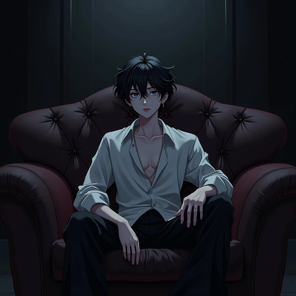 BTS Jeon jungkook as vampire sitting on sofa dark aesthetic with piercings on her ear lips wearing white loose shirt in anime version