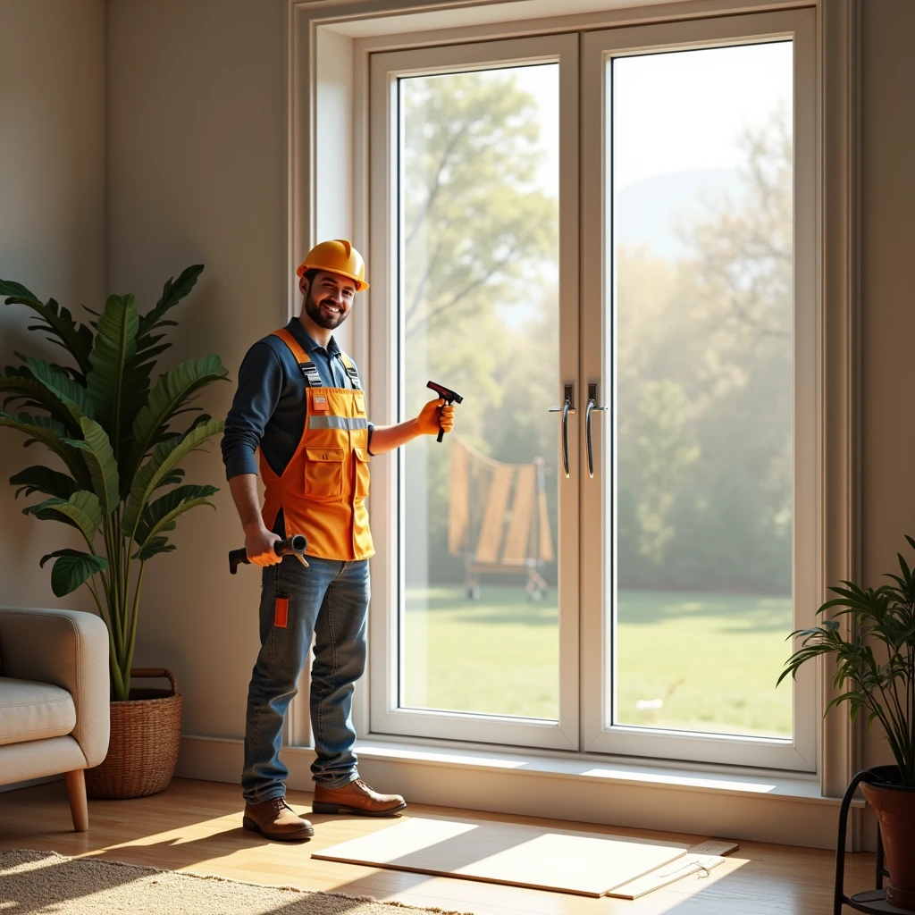 A realistic and professional scene featuring a PVC window with beautifully finished slopes in a well-lit, stylish home interior. The window is large, allowing natural light to flood the room, highlighting the smooth, expertly crafted slopes around the window frame. Next to the window stands a skilled worker dressed in clean, professional work attire, holding tools that were used to create the slopes. The worker is positioned proudly, showing satisfaction with the high-quality work. The setting is a modern, elegantly decorated room, with the focus on the perfect integration of the window and slopes. The overall atmosphere is warm and inviting, showcasing both the craftsmanship of the slopes and the professional who completed the job.