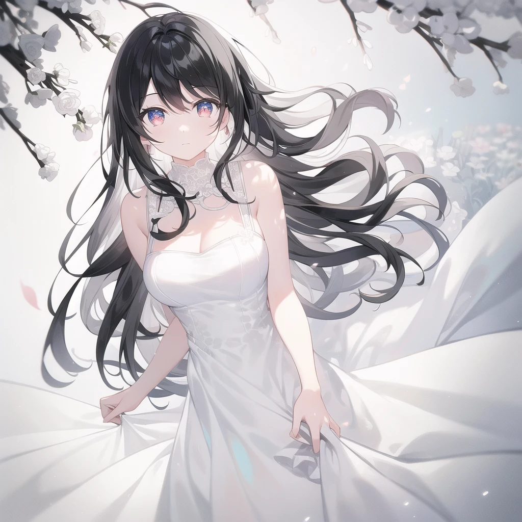 ((masterpiece, best quality))++, Detailed lighting+, Detailed hair+, Detail hand+ ,1 girl, Miss, Neat long hair, Crimson eyes, beautiful eyes, Young black and white hair,,(Beautiful black and white hair:1.5),(Beautiful and delicate eyes), high resolution+,glass tint, Reflective eyes, {{angle}} , Very detailed wallpaper, The original, Extremely beautiful CG,Firefly,Nature,Sea of Flowers,Wedding dress